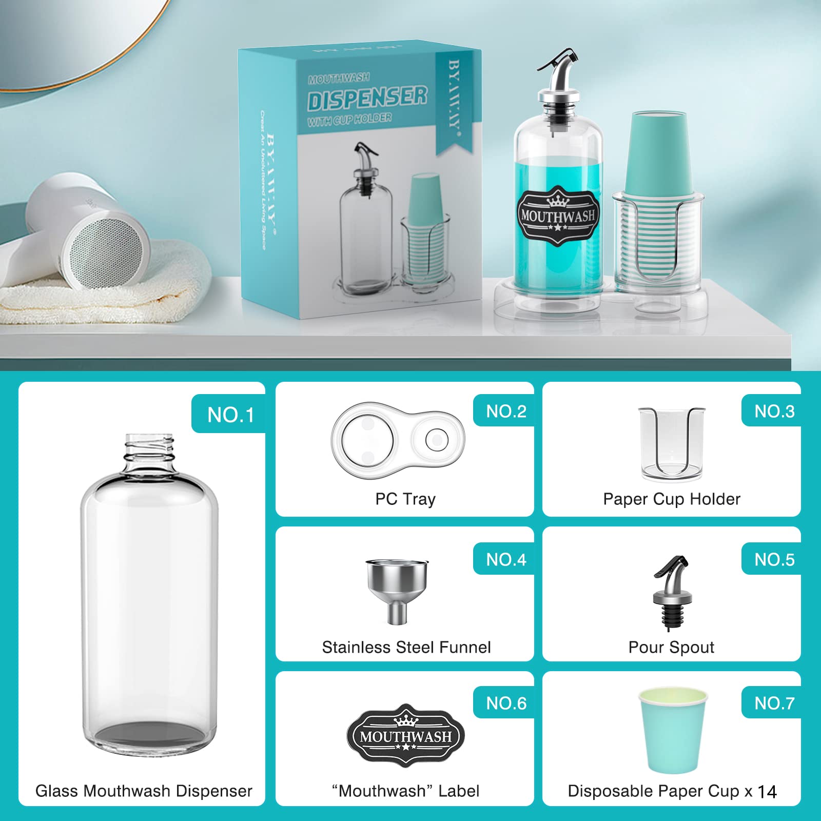 Byaway Mouthwash Dispenser For Bathroom With Cup Holder Detachable Glass Mouthwash Container 16 Oz,Refillable Mouth Washer Dispe